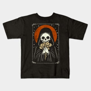 Death Brings Flowers Cute Reaper Skull And Bouquet Kids T-Shirt